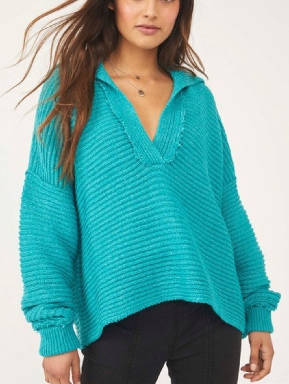 Free People Womens Blue Turquoise Ribbed V-Neck Marlie Pullover Sweater Small